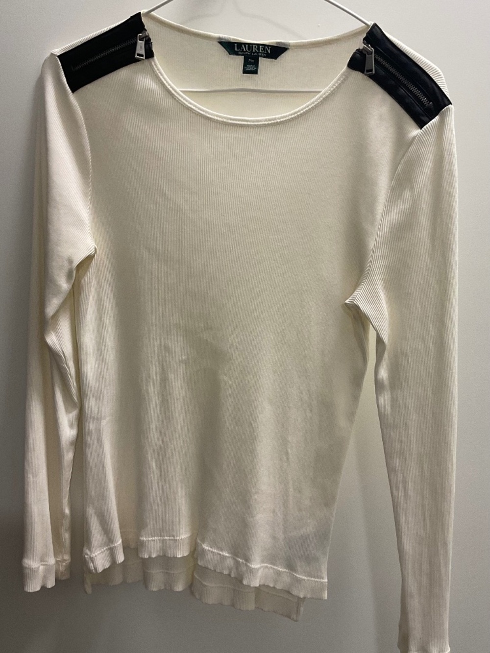 Lauren by Ralph Lauren long white T Shirt with black faux leather trim S